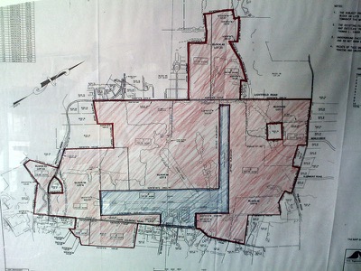 The area shown in red is the 625 acres being taken by the government. The blue area is what will be left over...within the blue area, the government has also condemned the development rights so that only exactly what they want to exist will ever exist.